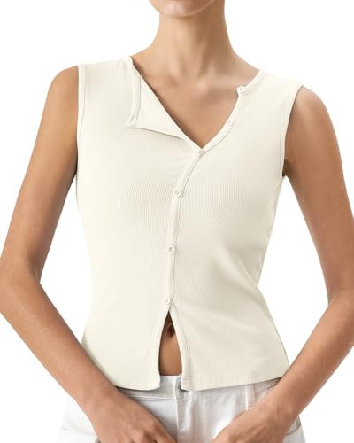 QINSEN Womens Tank Top Sleeveless Crop Tops Upper Button Fastening Ribbed Tank Top Splashed White S | Amazon (US)