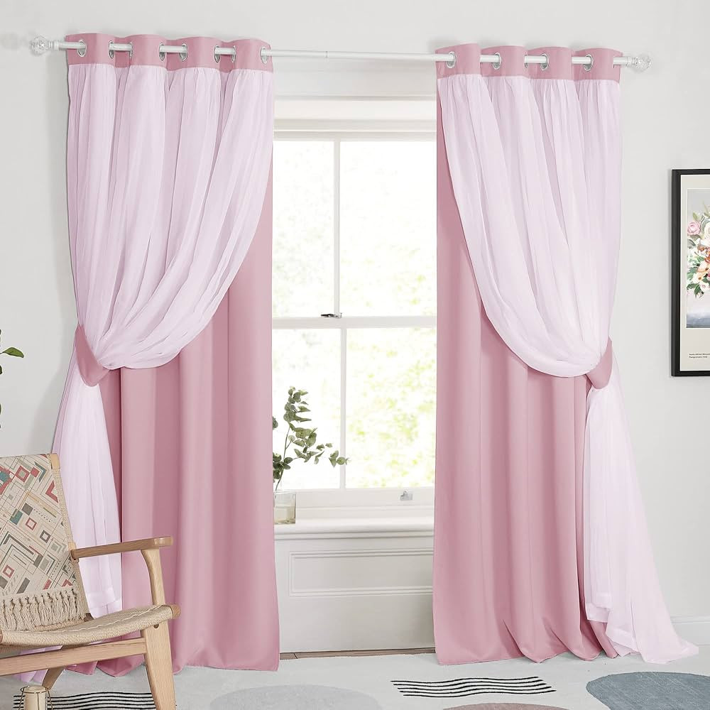 PONY DANCE Nursery Curtains Pink - Curtains for Bedroom Decor Aesthetic Cute Double Layer with Sh... | Amazon (US)