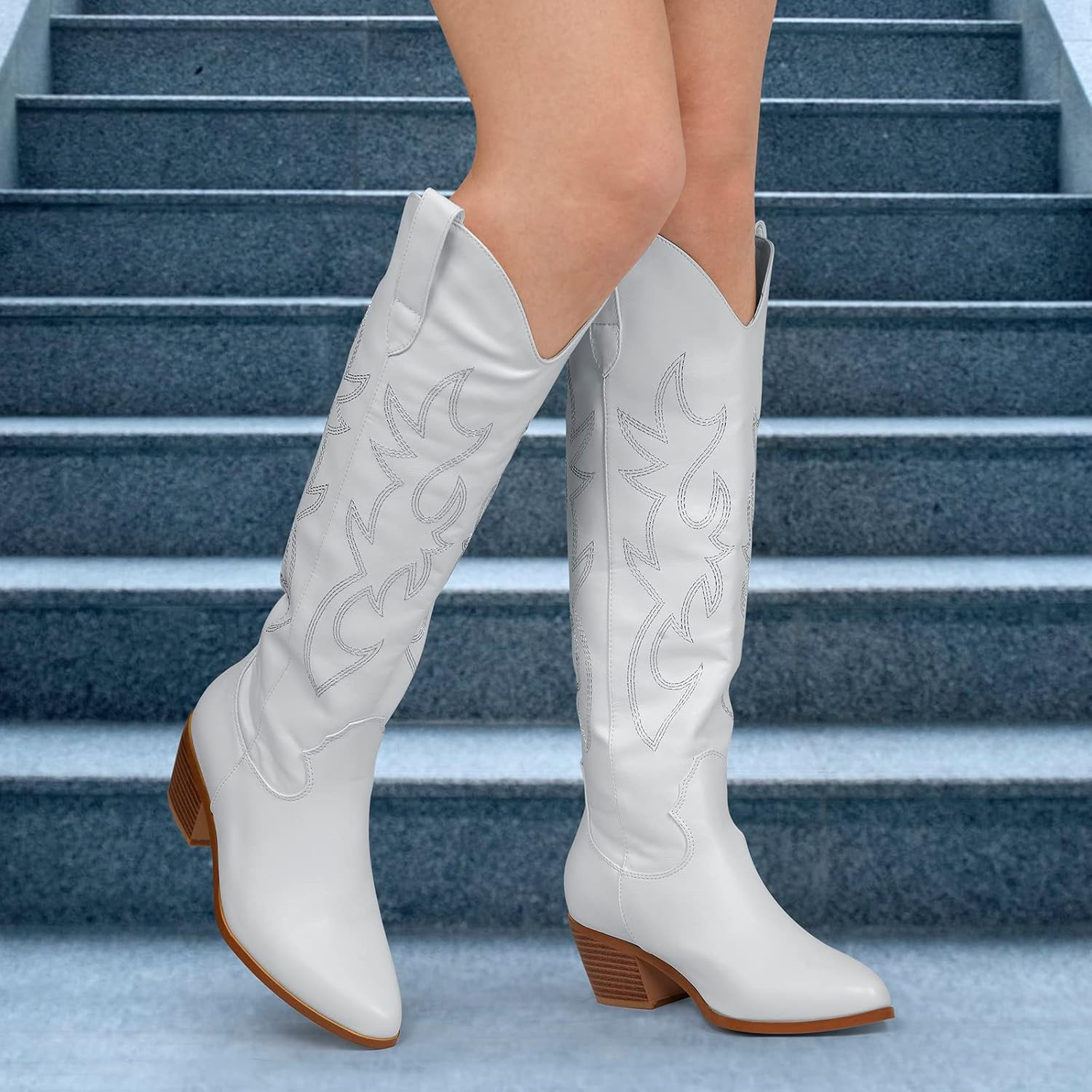 QPAO Women's Embroidered Western Cowboy Boots, White Knee Cowgirl Boots Medium and Chunky Heel Al... | Amazon (US)