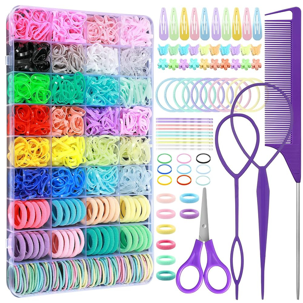 Hair Accessories for Girls, 1784 Pcs Elastic Ties Set 24 Color Rubber Bands With Organizer Box Co... | Amazon (US)