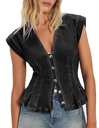 Nitzana Denim Vest Tops for Women Y2k Pleated Button Down Jean Vests Shirts | Amazon (US)
