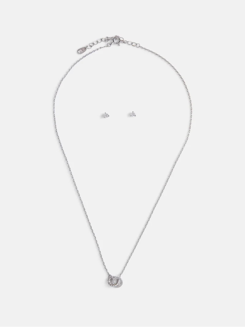 Free Assembly Women's Demi Fine Silver Plated Double Circle Necklace and Cubic Zirconia Stud Earr... | Walmart (US)