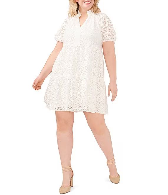 Plus Size Lace V-Neck Short Puff Sleeve Tiered Babydoll Mini Dress | Dillard's