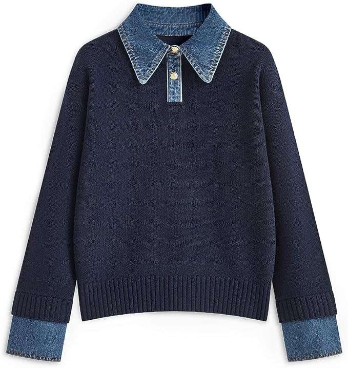 Womens Oversized Sweater Cozy Fall Denim Lapel Polo Knit Collared Sweaters | Long Sleeve Button U... | Amazon (US)