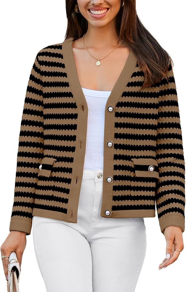 Women's Cardigan Sweaters 2024 Fashion V Neck Open Front Gold Button Cardigans Cropped Knit Outer... | Amazon (US)