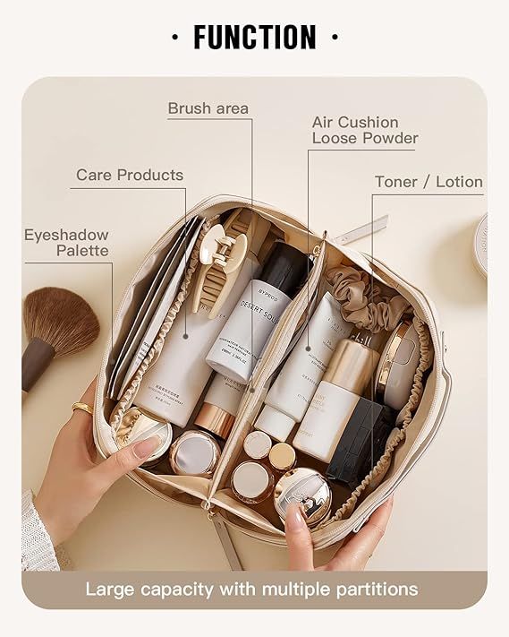 Travel Makeup Bag,Large Capacity Cosmetic Bags for Women,Waterproof Portable Pouch Open Flat Toil... | Amazon (US)