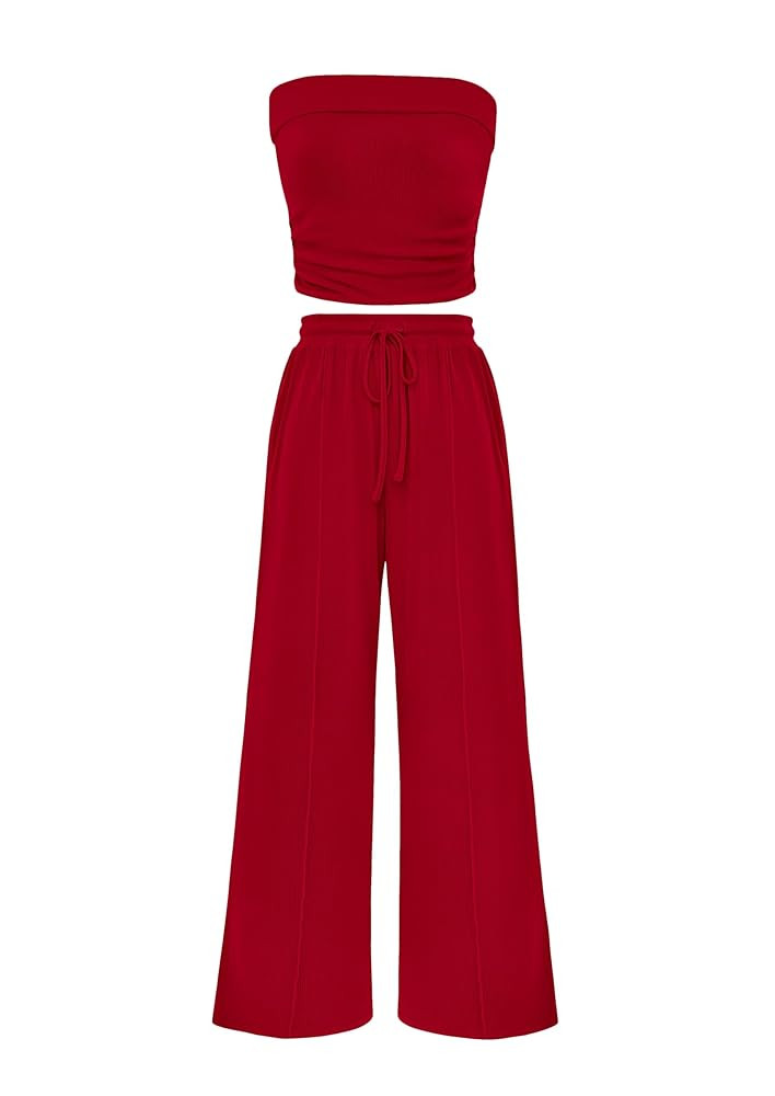 PRETTYGARDEN Womens Summer Outfits 2 Piece Sets Casual Ribbed Knit Crop Tube Top Wide Leg Pants S... | Amazon (US)