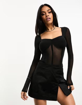 ASOS DESIGN mesh mix bodysuit with corset seams in black | ASOS (Global)