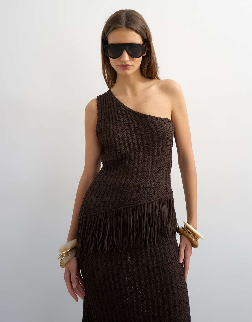 Topshop knit one shoulder tape yarn fringe hem top in chocolate - part of a set-White | ASOS (Global)