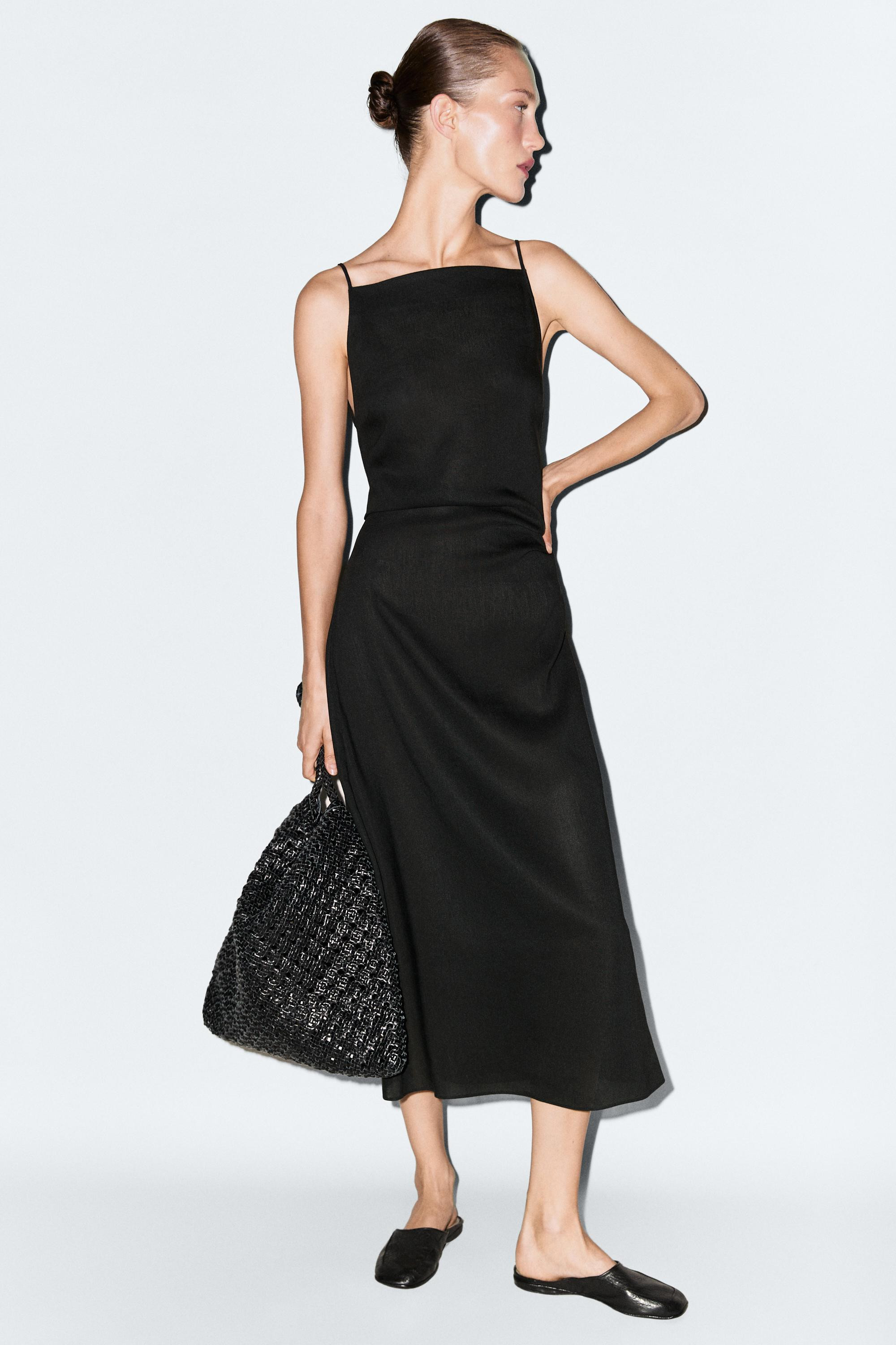 Linen blend spaghetti strap midi dress | Massimo Dutti US