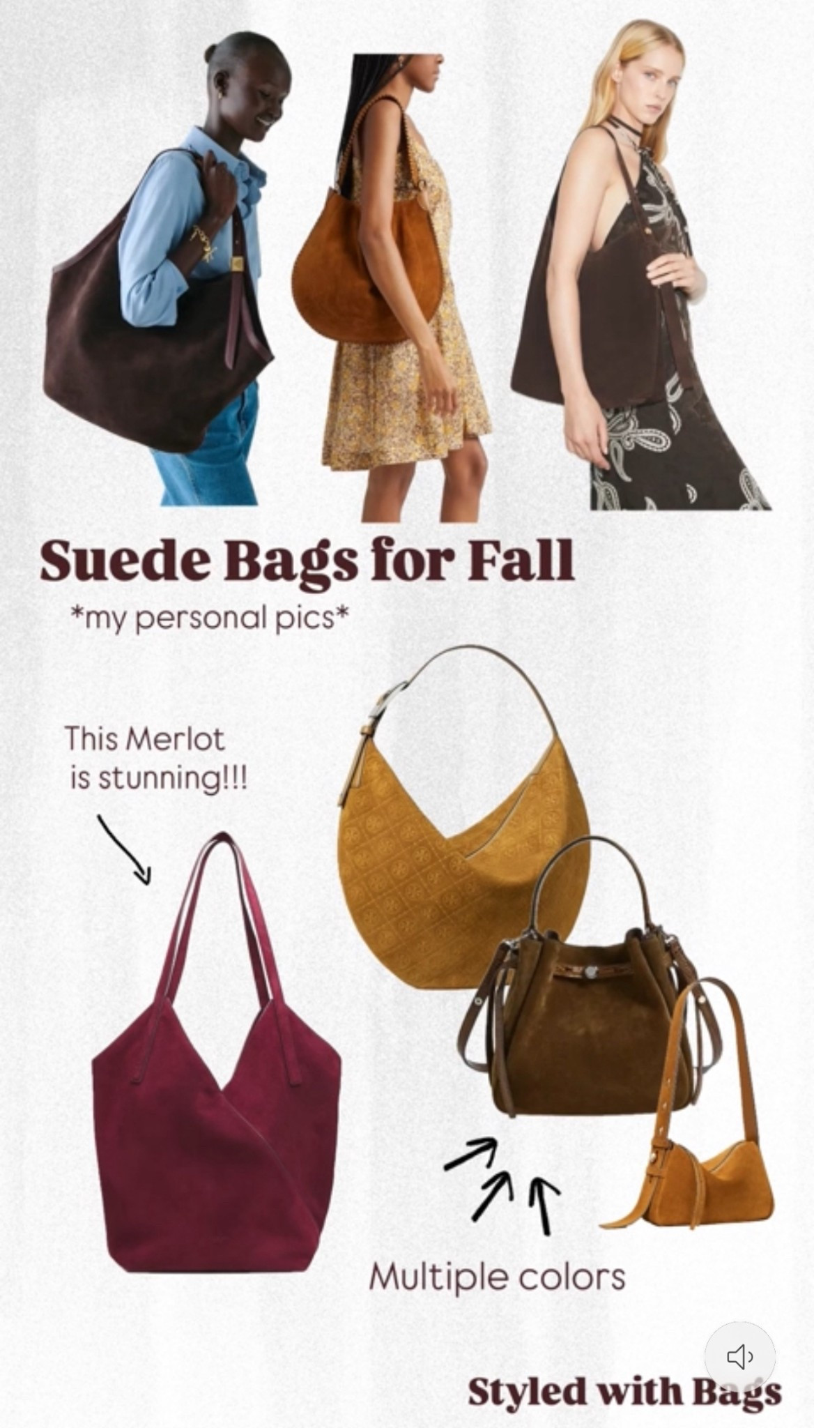 Suede bags for Fall 

Suede, Women’s suede bags, suede bags, bucket bags, tote bags, crescent bags, top handle bags, hobo bags, gym colored bags, chocolate brown bags, bag bags for fall, bags for winter, fall colored bags, chocolate colored bags, caramel colored bags, wine colored bags#LTKautumn #LTKItbag #LTKaccessories #suede

#LTKGiftGuide #LTKItBag #LTKStyleTip