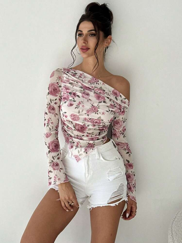 Firerie Women's Elegant Floral Print Long Sleeve Asymmetrical Hem T-Shirt | SHEIN