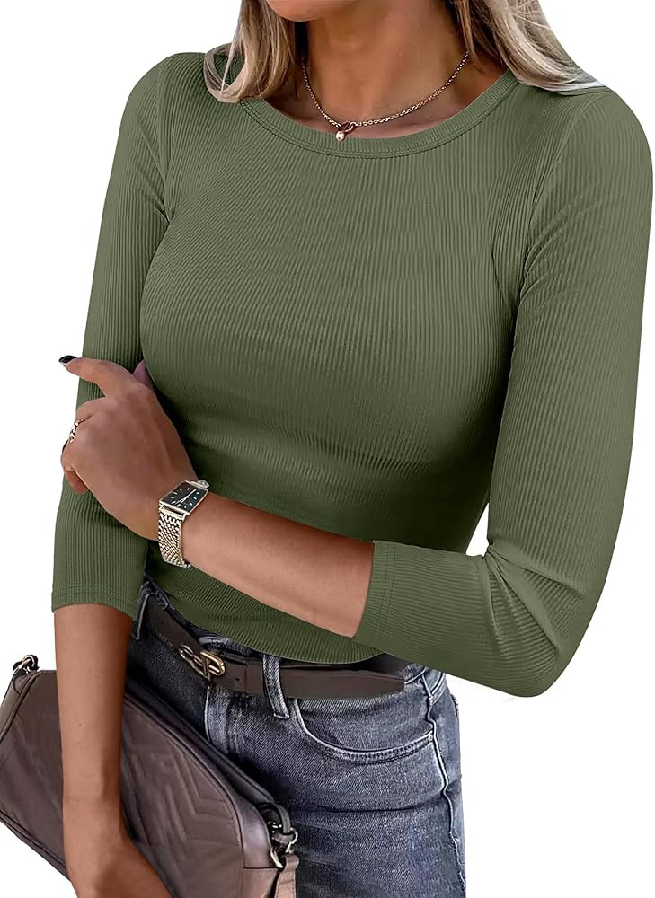 ANRABESS Womens 3/4 Long Sleeve Tops Ribbed Knit Slim Fitted Shirts Basic Tee Fall Outfits 2026 F... | Amazon (US)