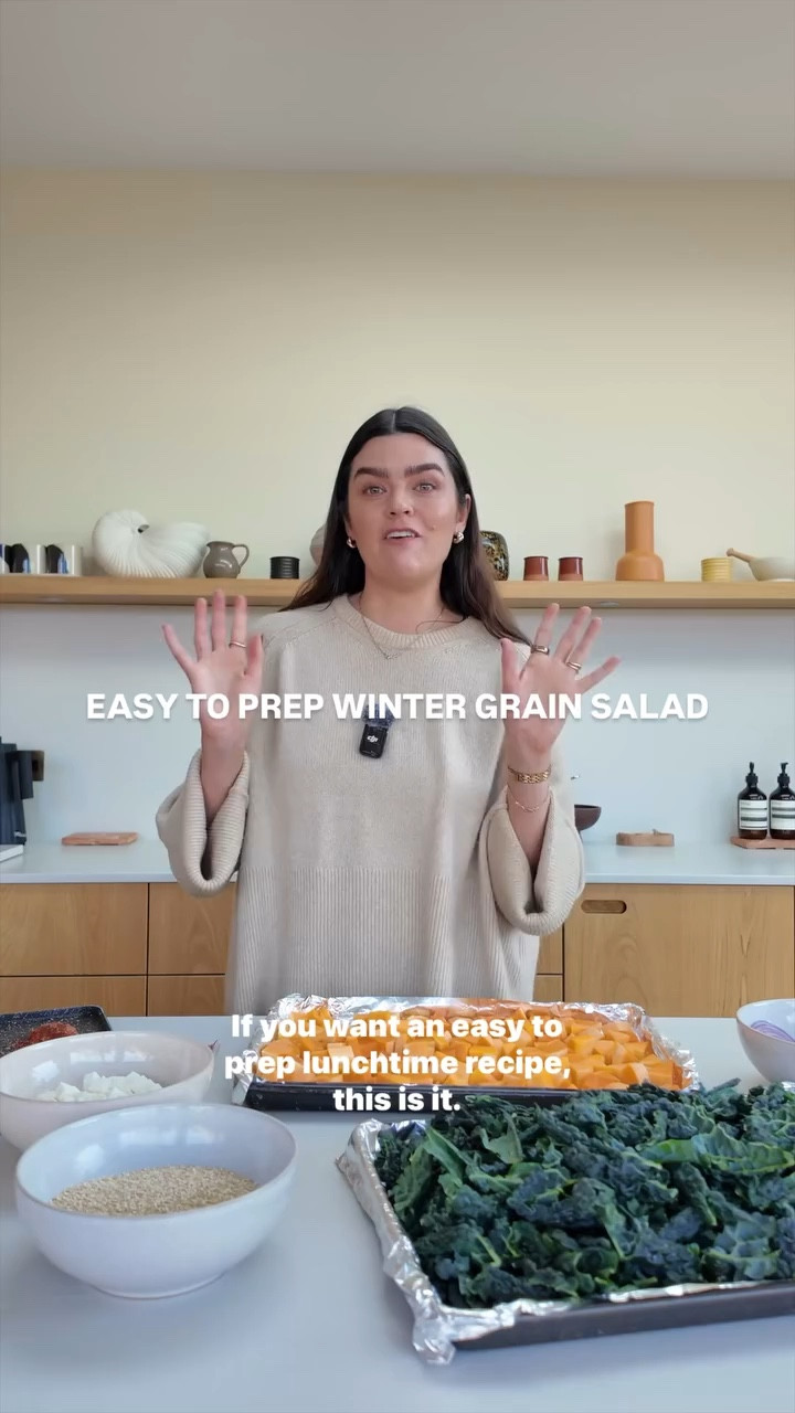 EASY-TO-PREP WINTER GRAIN SALAD 

BALSAMIC DRESSING:
- 2 tablespoons balsamic vinegar 
- 2 tablespoons extra virgin olive oil 
- 1 grated garlic clove
- a sprinkle of salt

SALAD
- 200g cooked grain of choice (here I used quinoa) 
- 500g-ish orange veg (here I used two small butternut squashes - seasoned with oil, paprika, oregano, chilli flakes, salt and better) 
- 1-2 bunches of green leafy veg (here I used two packs of cavolo nero - massaged with oil and salt) 
- 1 thinly sliced onion 

TAHINI DRESSING: 
- 1/2 cup tahini 
- 1/3 cup ice cold water 
- 2 tablespoons extra virgin olive oil 
- 2 tablespoons apple cider vinegar 
- juice of 1/2 lemon 
- 1 grated garlic clove 
- 1 tablespoon of honey 
- salt

OPTIONAL: 
- A protein of your choice (here I had a salmon fillet) 
- Feta 

1. Preheat your oven to 200℃ and begin to cook your grain of choice, 
2. Spread out your orange veg onto a baking sheet, and once seasoned, put in the oven for 20 minutes. 
3. While that’s cooking, prepare your leafy greens on a separate baking tray, slice the onion, prep your balsmic dressing and make your tahini dressing. 
4. After 20 minutes, take out your orange veg and add the onion to the same baking tray, mixing it all up. Then, put it back in the oven with the green leafy veg for another 10 minutes. 
5. Once cooked, in a bowl, mix your grains, orange veg and leafy greens with your balsamic 
dressing and plate up with the tahini dressing drizzle on top, feta if you’d like and your protein of choice. 

#LunchtimeRecipe #LunchPrep #WinterSalad