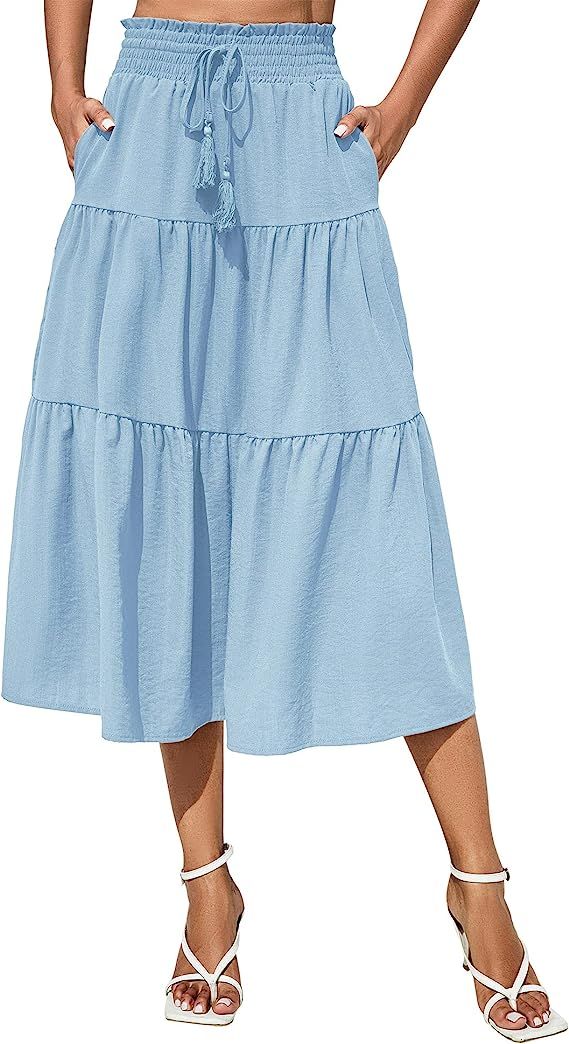 TFSDOD Women Cotton Linen Skirts Elastic High Waisted Drawstring Midi Skirt Ruched Tiered Ruffle ... | Amazon (US)