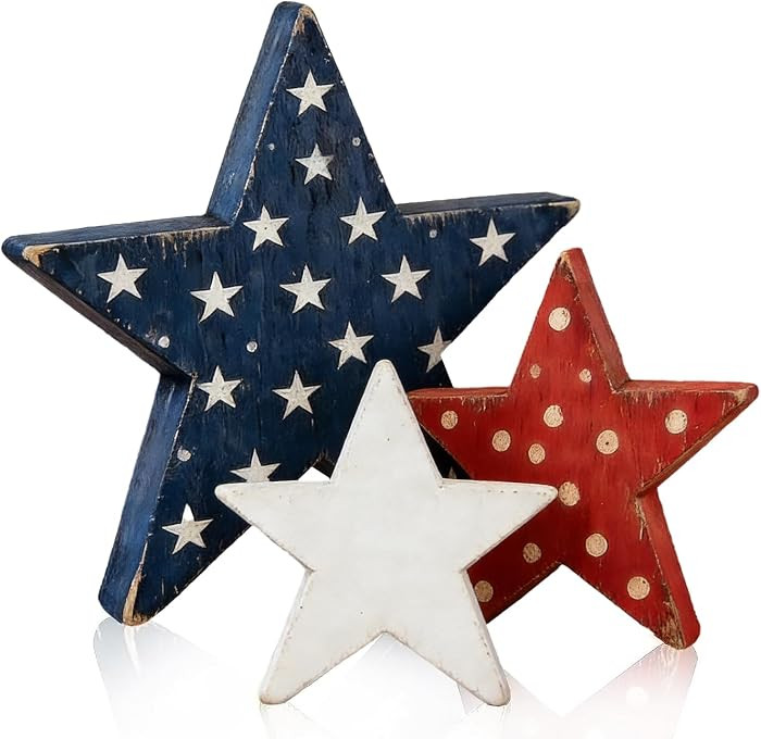 3 Pcs 4th of July Table Decorations Farmhouse Independence Wooden Star Set Red White and Blue Pat... | Amazon (US)