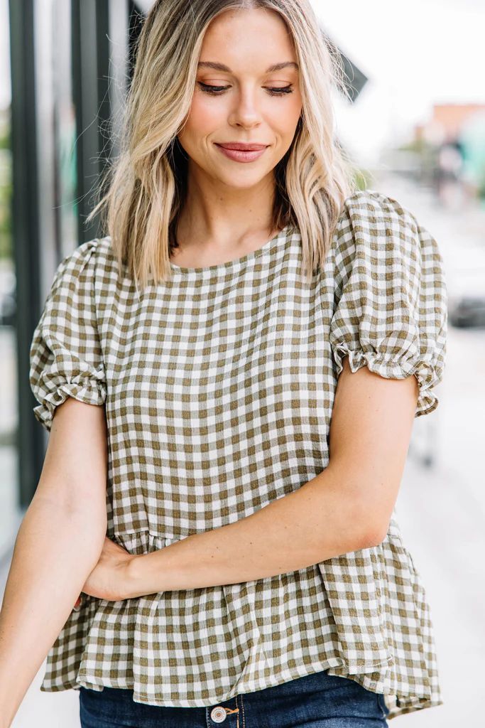 Work For You Olive Green Gingham Top | The Mint Julep Boutique