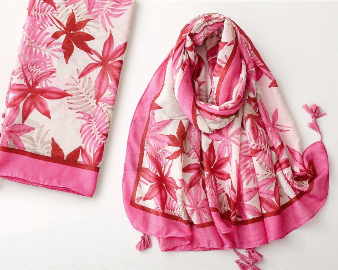 73x33" Hot Pink Maple Leaf Gift Shawl Vivid Fuchsia Scarf Botanical Tassel Wrap Colorful Beach Co... | Etsy (FR)