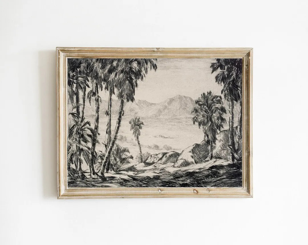 Printable Black and White Desert Palm Trees Landscape Vintage Horizontal Art | Southwest Desert A... | Etsy (US)