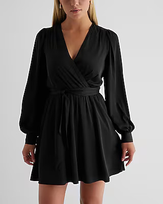 Satin Long Sleeve Tie Waist Mini Dress | Express