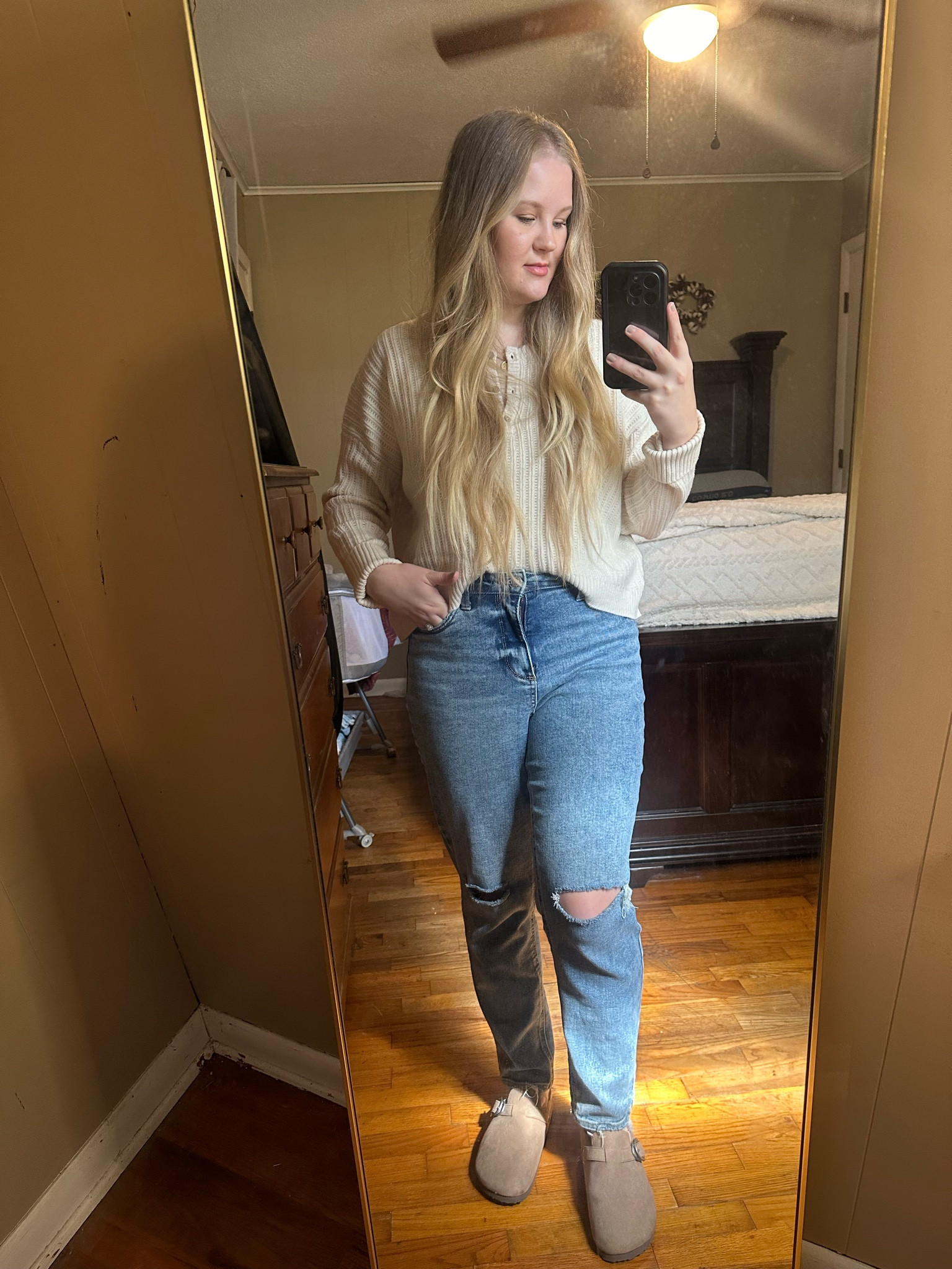 Cute fall outfit Walmart fall outfit wearing a medium in top for an oversized look 6 in jeans and 8 in shoes 🫶🏼 
No boundaries Time and true mom jeans cushionaire shoes  women’s clogs #walmartfashion #walmartstyle

#LTKSeasonal #LTKStyleTip #LTKFallSale