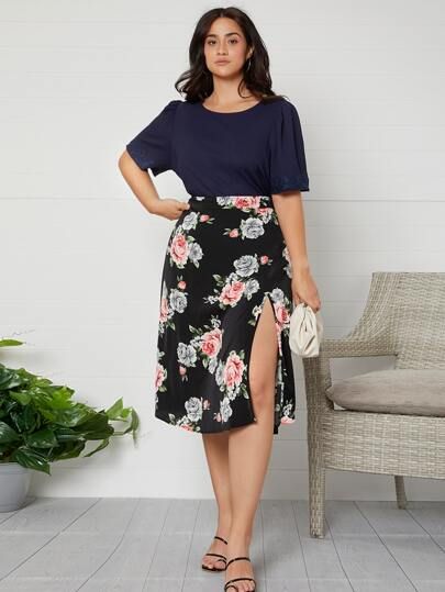 SHEIN Plus Split Thigh Floral Skirt | SHEIN