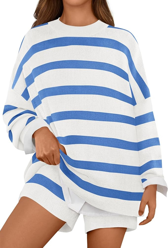 MEROKEETY Women's 2 Piece Sweater Lounge Sets Striped Long Sleeve Shorts Oversized Matching Outfi... | Amazon (US)