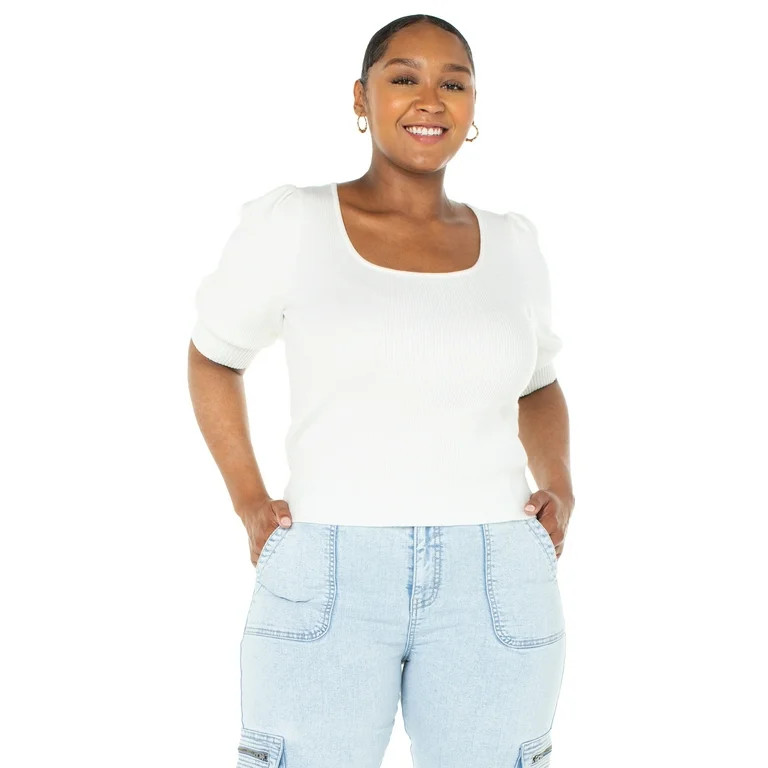 Celebrity Pink Juniors and Juniors Plus Square Neck Sweater with Short Sleeve Puff Sleeves Sizes ... | Walmart (US)