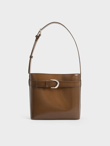 Gabine Leather Belted Bucket Bag
 - Brown | Charles & Keith US