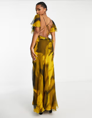 ASOS DESIGN ruffle shoulder maxi dress with open back in abstract print in black and yellow | ASOS (Global)