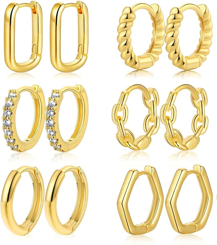 TOBENY 6-9 Pairs 14K Gold Plated Small Hoop Earrings Set for Women 10mm Cubic Zirconia Huggie Hoops  | Amazon (US)