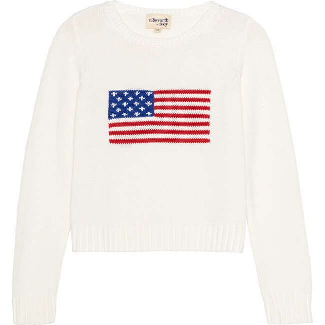 Ellsworth + Ivey | Women's American Flag Cropped Crewneck Sweater, Ivory (White, Size Large) | Maisonette | Maisonette