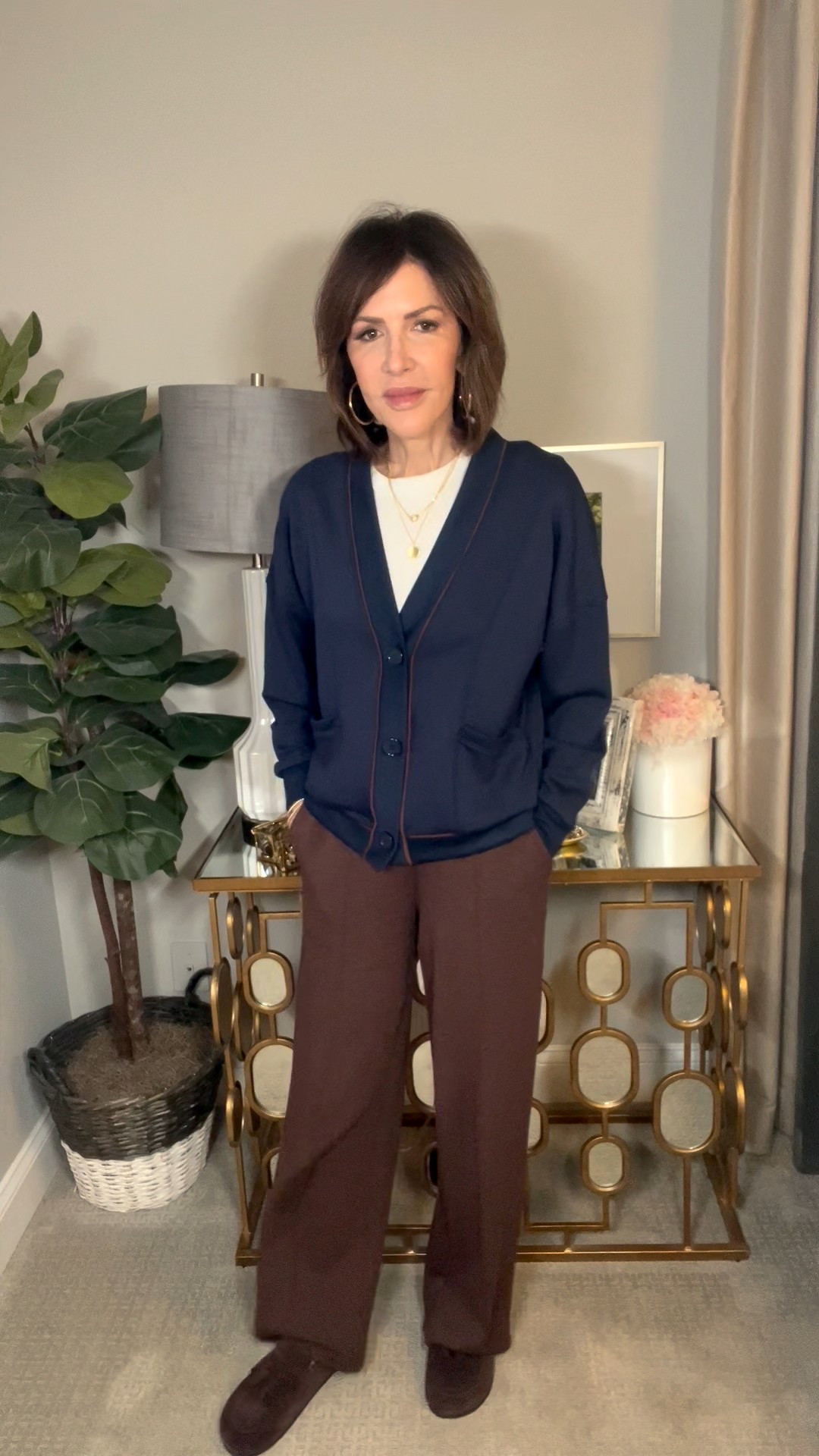 navy sweater, gold jewelry, brown wide leg pants, brown suede mules, winter outfit, over 50 outfits 

#LTKOver40 #LTKootd #LTKSeasonal