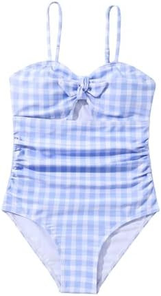 Floerns Girl's Gingham Print Ruched Cut Out Knot Front One Piece Swimsuit | Amazon (US)