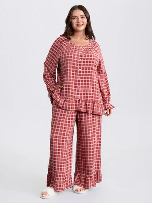 Gingham Print Ruffled Hem Co-Ord Pajama Set | Bloomchic