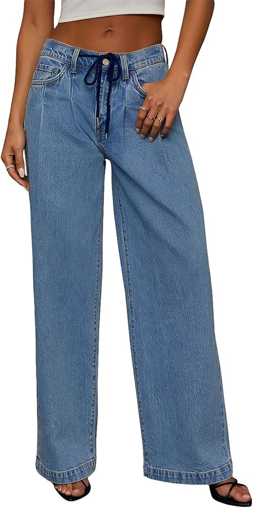 Sidefeel Women's Drawstring Jeans Wide Leg High Waisted Baggy Stretchy Elastic Waist Sweatpant Je... | Amazon (US)