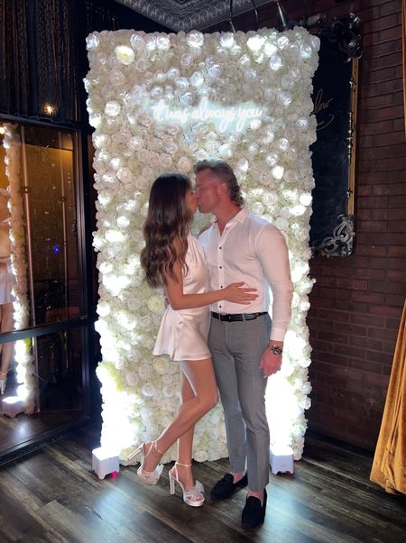 Engagement party. Neon sign. White dress. Bridal heels

#LTKwedding
