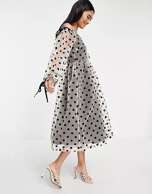 Lost Ink midi dress in dot organza overlay with off-shoulder detail | ASOS (Global)
