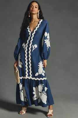 Anthropologie Farm Rio Embroidered Dress Long-Sleeve Blue Linen Size Med Pet NEW  | eBay | eBay US