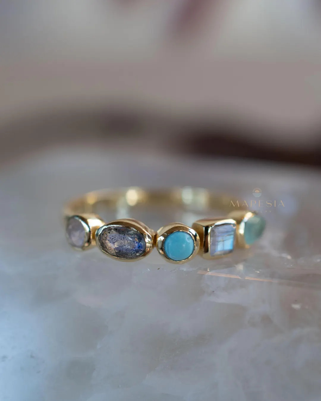 Aqua Chalcedony, Moonstone, Turquoise, Labradorite and Rose quartz Ring ~ genuine Stones ~ 18k Go... | Etsy (US)