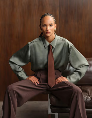 ASOS DESIGN satin cinch oversized shirt with contrast tie in olive | ASOS (Global)