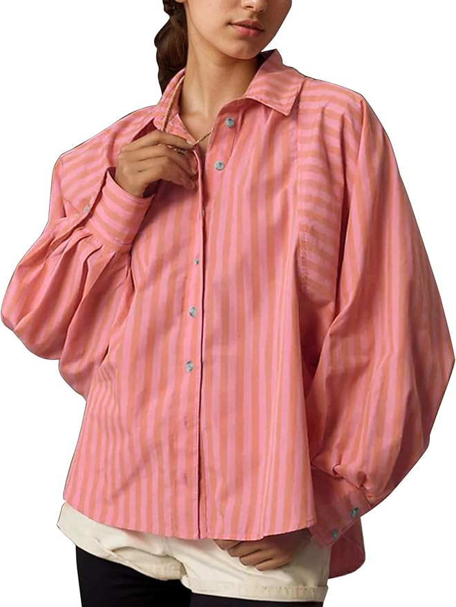 Womens Striped Button Down Shirt Long Sleeve Casual Loose Fit Batwing Sleeve Striped Work Blouses... | Amazon (US)