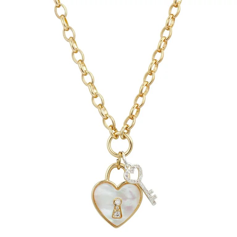 14kt Gold-Flash Plated Cubic Zirconia and Genuine Mother of Pearl Heart and Key Link Chain Neckla... | Walmart (US)