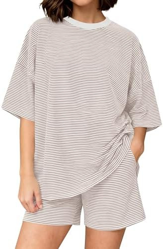 Women Striped Lounge Set Short Sleeve Pajama Sets Oversized T Shirts High Waist Shorts 2 Piece Ma... | Amazon (US)