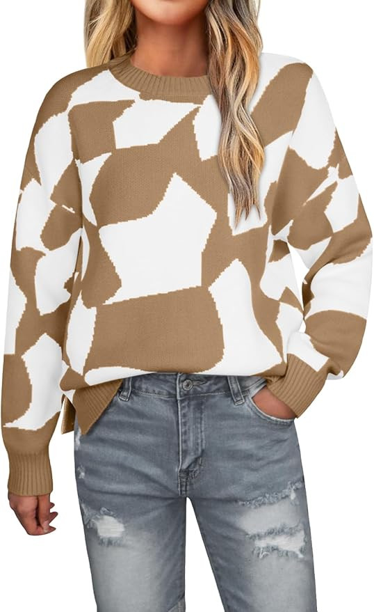 CCTOO Women's Checkered Oversized Sweater Crewneck Long Sleeve Fall 2024 Knit Pullover with Side ... | Amazon (US)