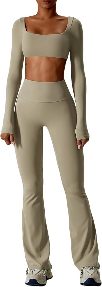 ABOCIW Workout Sets for Women 2 Piece Square Neck Long Sleeve Crop Tops High Waist Flared Legging... | Amazon (US)
