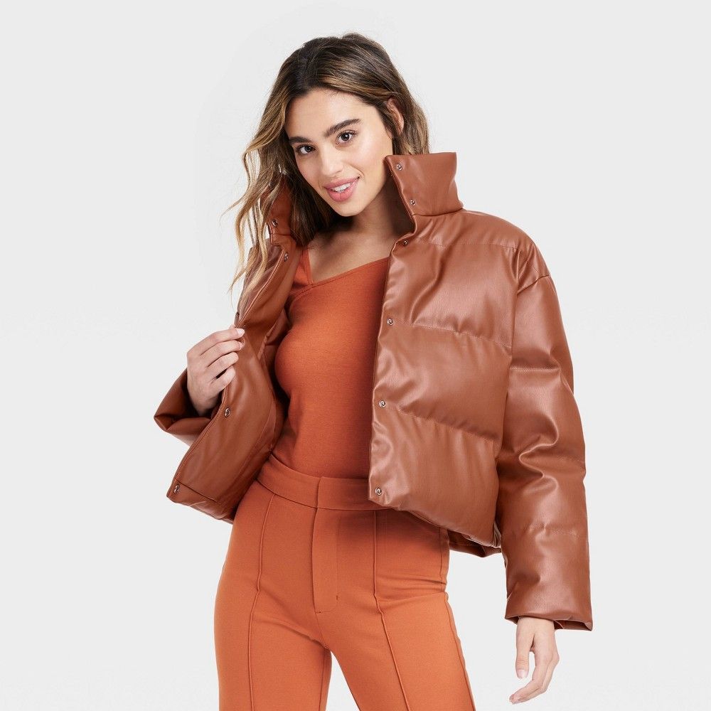 Women's Faux Leather Puffer Jacket - A New Day Brown XXL | Target