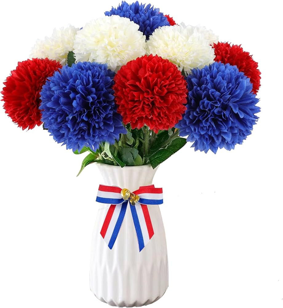 Hananona 12 Pcs Artificial Chrysanthemums Flowers Patriotic Flower Decor, 4th of July Fake Mums F... | Amazon (US)