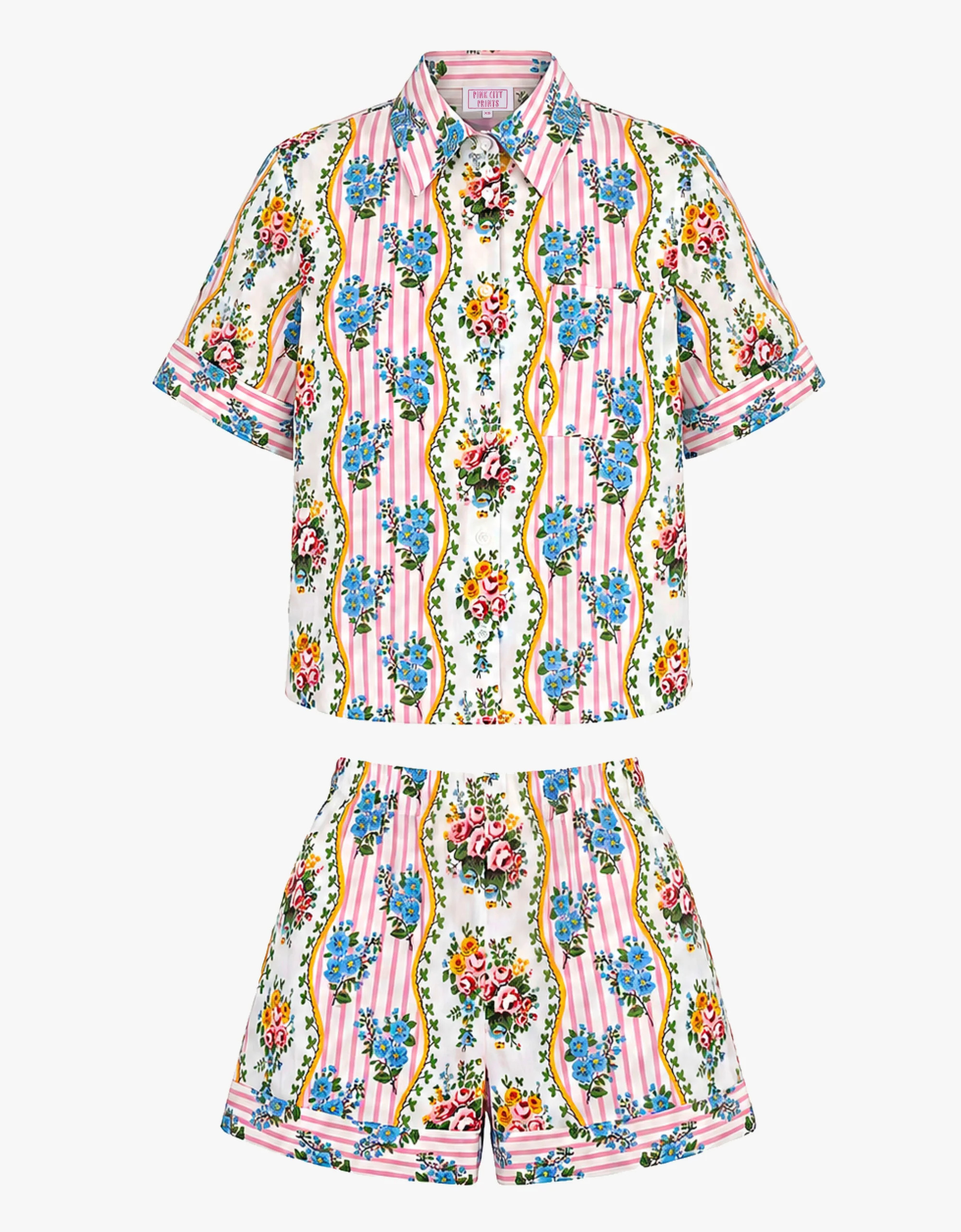 Cally Set | Yellow & Pink Floral Blouse & Shorts | Screen Print Linen | Pink City Prints UK