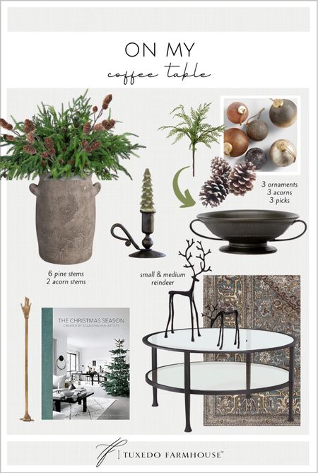 Holiday Coffee table styling made easy with pine and pinecone stems, a bowl full of ornaments, reindeer decor and a candle. 

Holiday decor 

#LTKfindsunder50 #LTKSeasonal #LTKHoliday